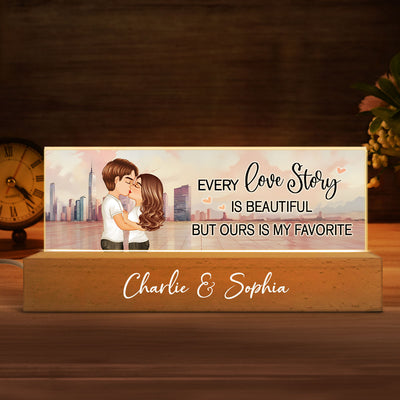 Couple Kissing Skyline Personalized Acrylic Block LED Night Light, Heartfelt Gift For Couple, For Him, For Her