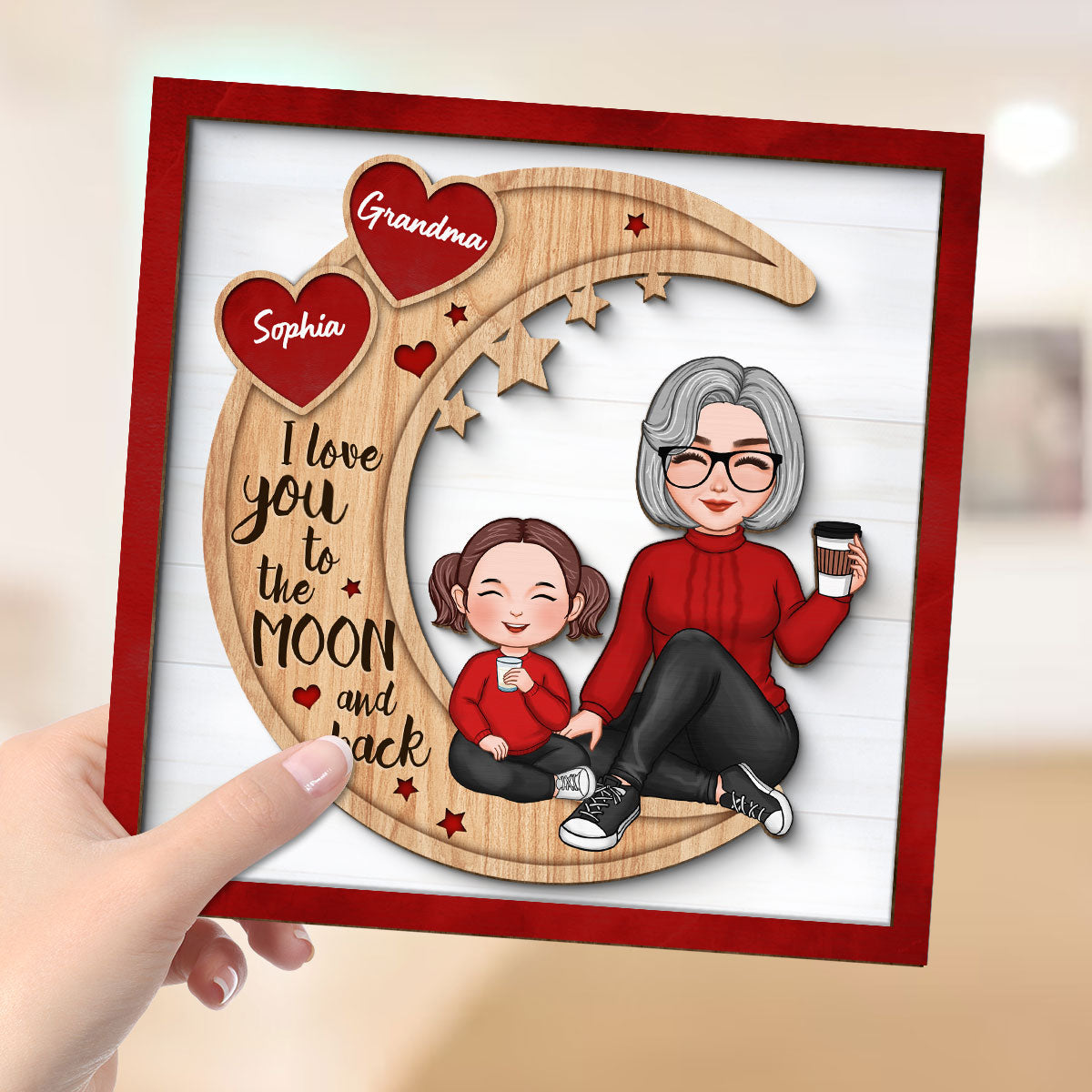 Red Heart Cute Grandma Grandkids Sitting On Moon Personalized 2-Layer Wooden Plaque