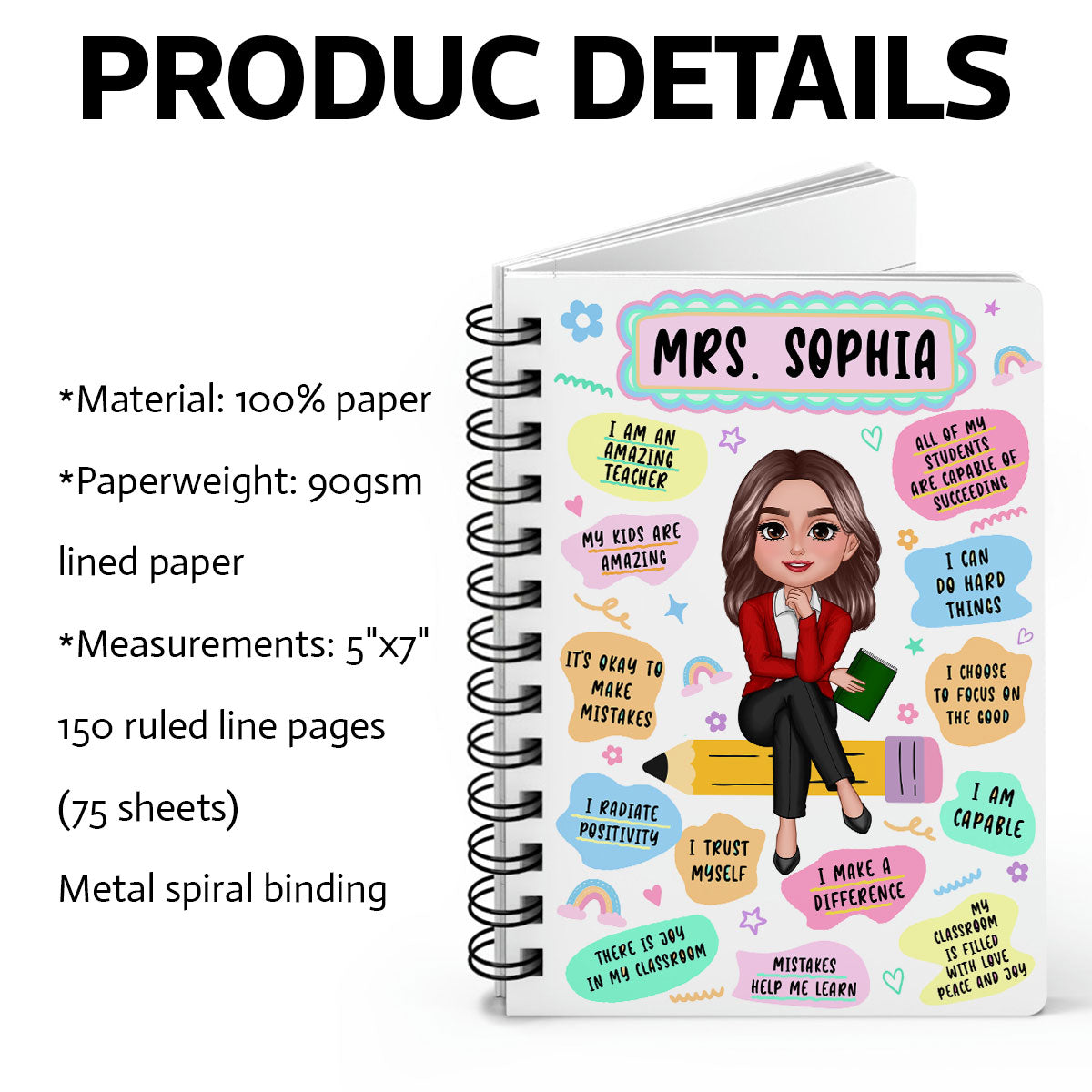 Teacher Daily Affirmation Personalized Spiral Notebook Journal, Back To School Stationery For Teacher