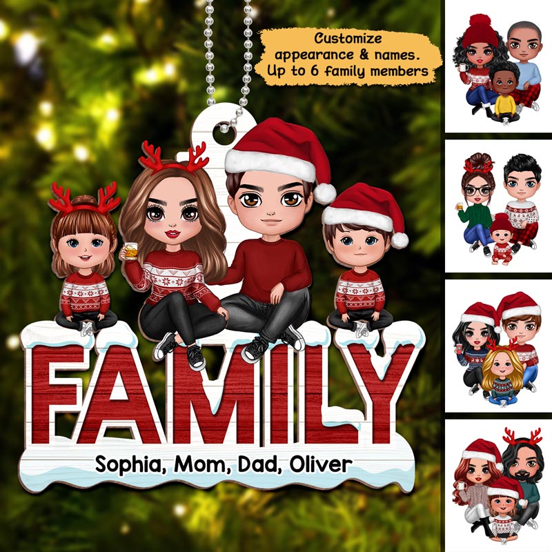 Doll Family Sitting On Word Personalized Wooden Ornament