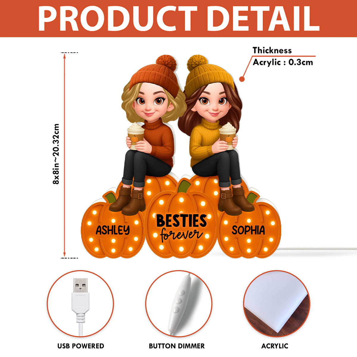 Besties Sisters Sitting On Pumpkins Marquee Pattern Effect Personalized LED Light Box, Cozy Fall Vibe Home Decoration