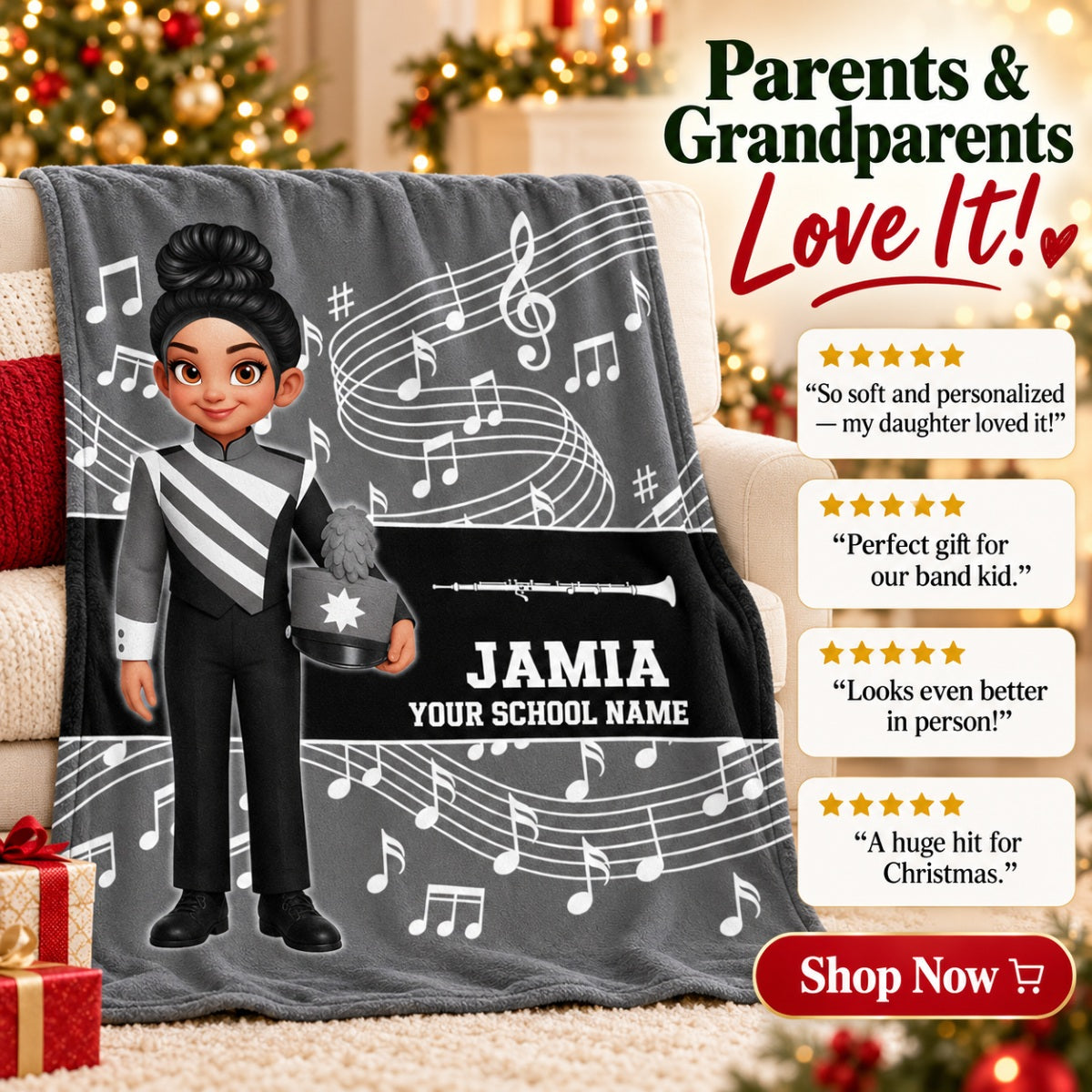 Custom Music Marching Band, Orchestra, Personalized Name, Color, School, Instrument, Trumpet, Clarinet, Tuba, Violine - Personalized Fleece Blanket - Christmas Gift For Son, Grandson, Daughter, Granddaughter