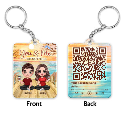 Lake View Doll Couple Sitting Favorite Song Scannable QR Code Personalized Acrylic Keychain