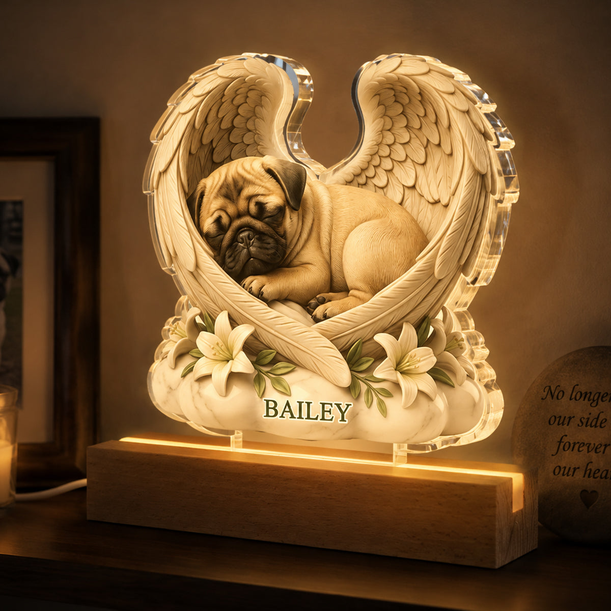 Custom Dog Cat Angel Wings Statue - Personalized Acrylic Block LED Night Light - Heartfelt Pet Memorial Gift