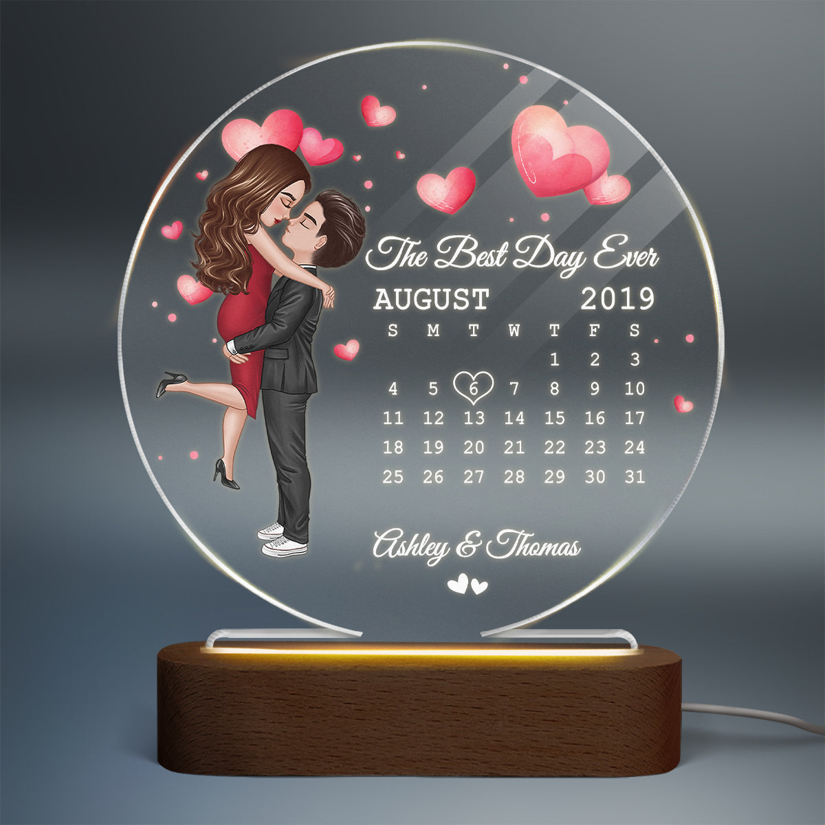 Doll Couple Hugging Kissing Together Since Anniversary Date Calendar Personalized Acrylic Circle Plaque With LED Night Light - Anniversary Gift For Couple - Gift For Him, Gift For Her