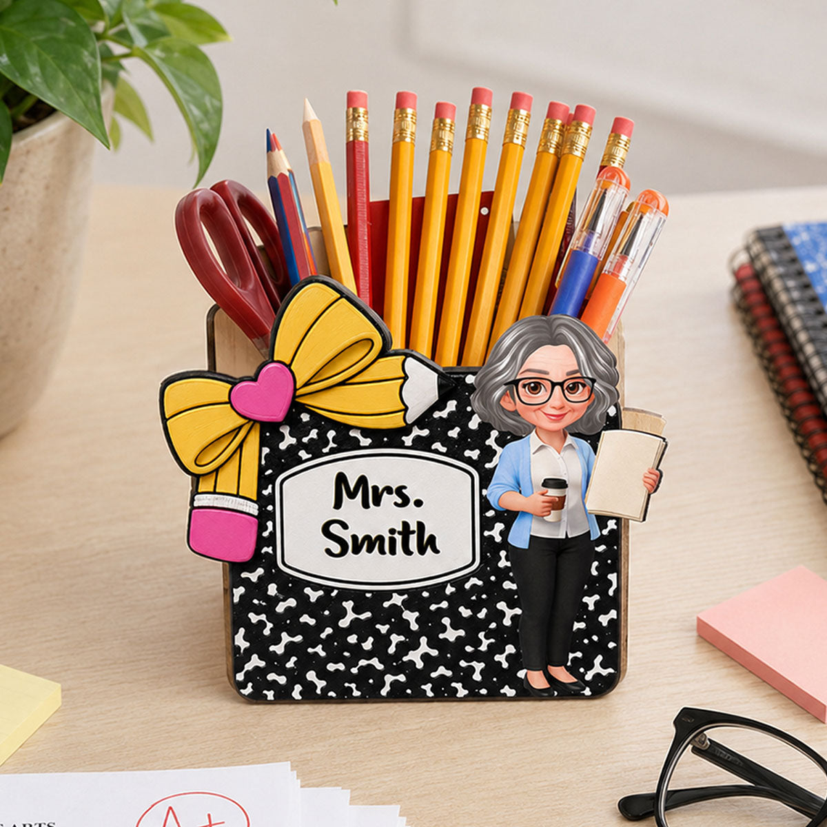 Cute Teacher Notebook Pencil - Personalized Pencil Holder - Back To School Gift For Teacher, Classroom Decor