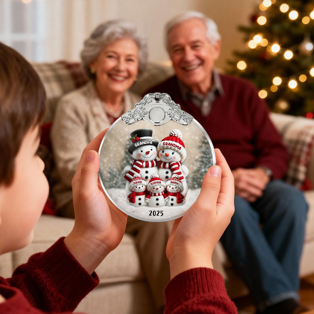 3D Effect Cute Snowman - Personalized Glass Ornament With Silver Cap - Christmas Decor For Family, Grandma, Grandpa