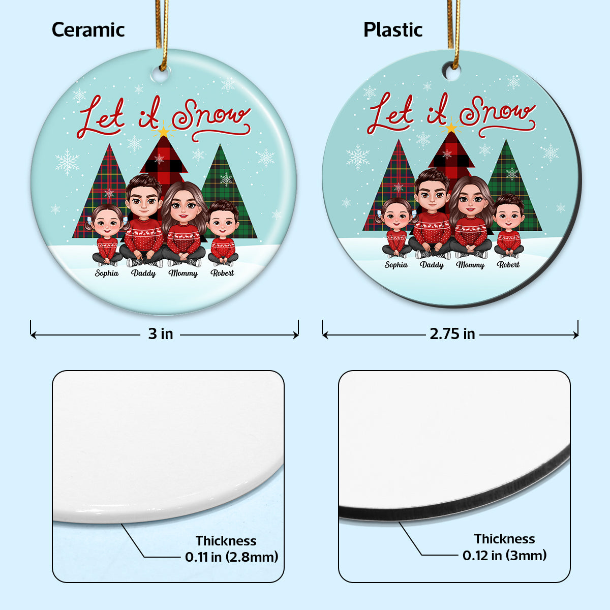 Let It Snow Family Sitting By Christmas Trees Personalized Ceramic Ornament