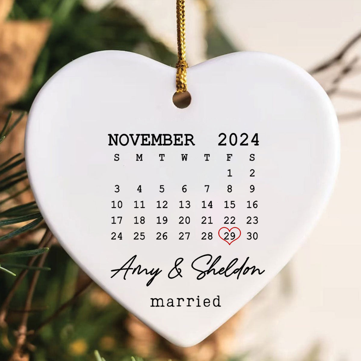 Couple Married Wedding Date Calendar Personalized Ceramic Heart Ornament, Wedding Gift,  Anniversary Gift, Our First Christmas, Newlywed Gift, Wedding Gift