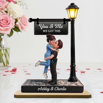 Proud Hero Couple Under Lamp Post - Personalized 2-Layered Wooden Plaque - Valentine's Day Gift For Couple, For Him, For Her, Nurse, Police, Firefighter, Army