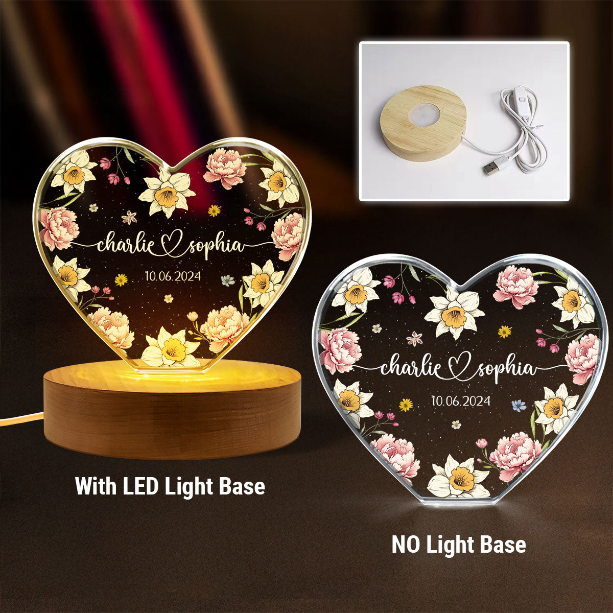 Couple Name Birth Month Flower Premium Crystal Heart LED, Unique Personalized Gift For Couple, For Him, For Her, Perfect Last-minute Valentine's Gift, Free Delivery
