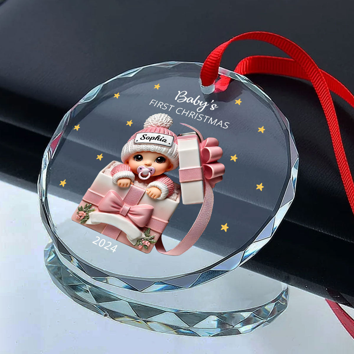 Baby Inside Gift Box Personalized Glass Ornament, Baby First Christmas Keepsake