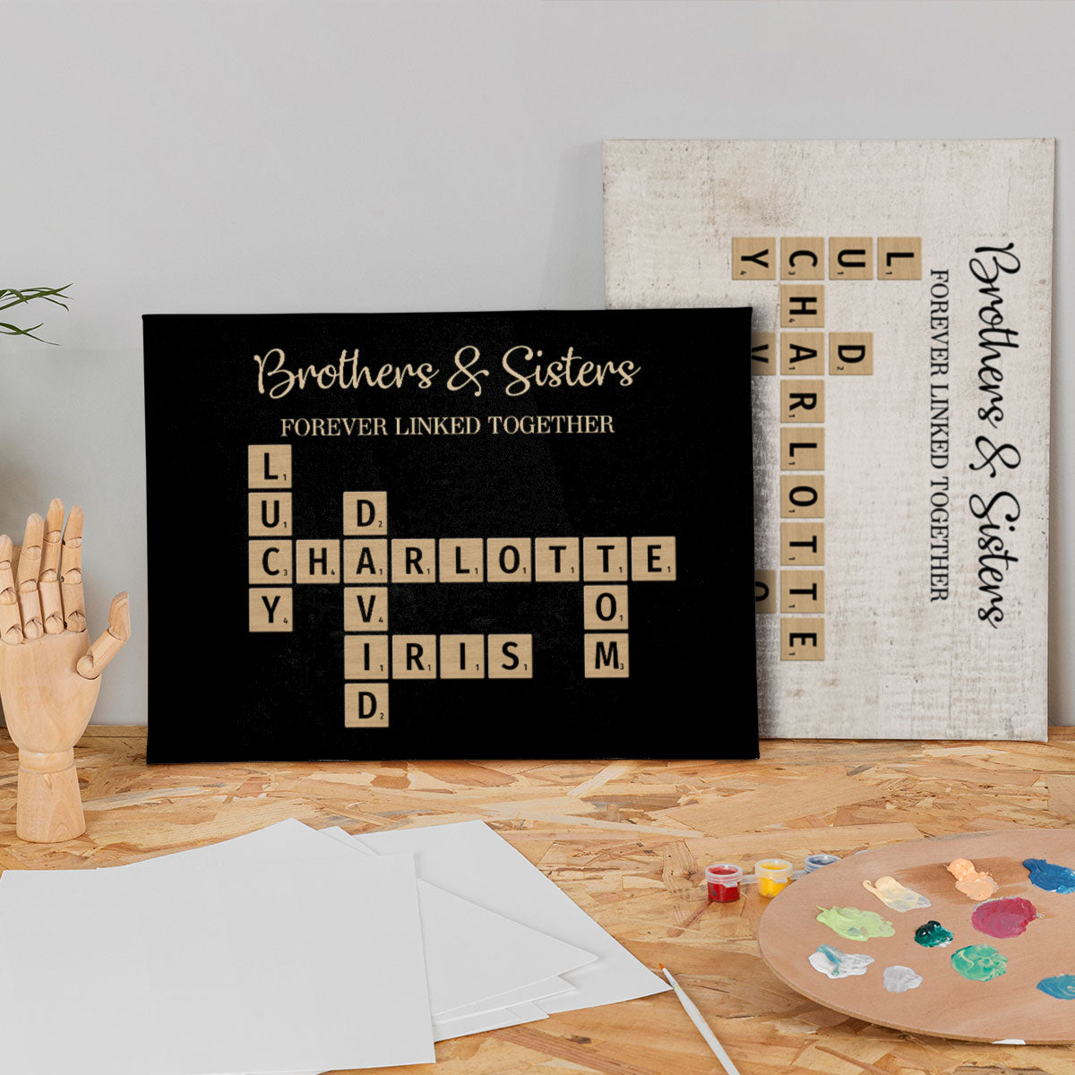 Brothers & Sisters Forever Linked Together Crossword Puzzle Art Personalized Wrapped Canvas