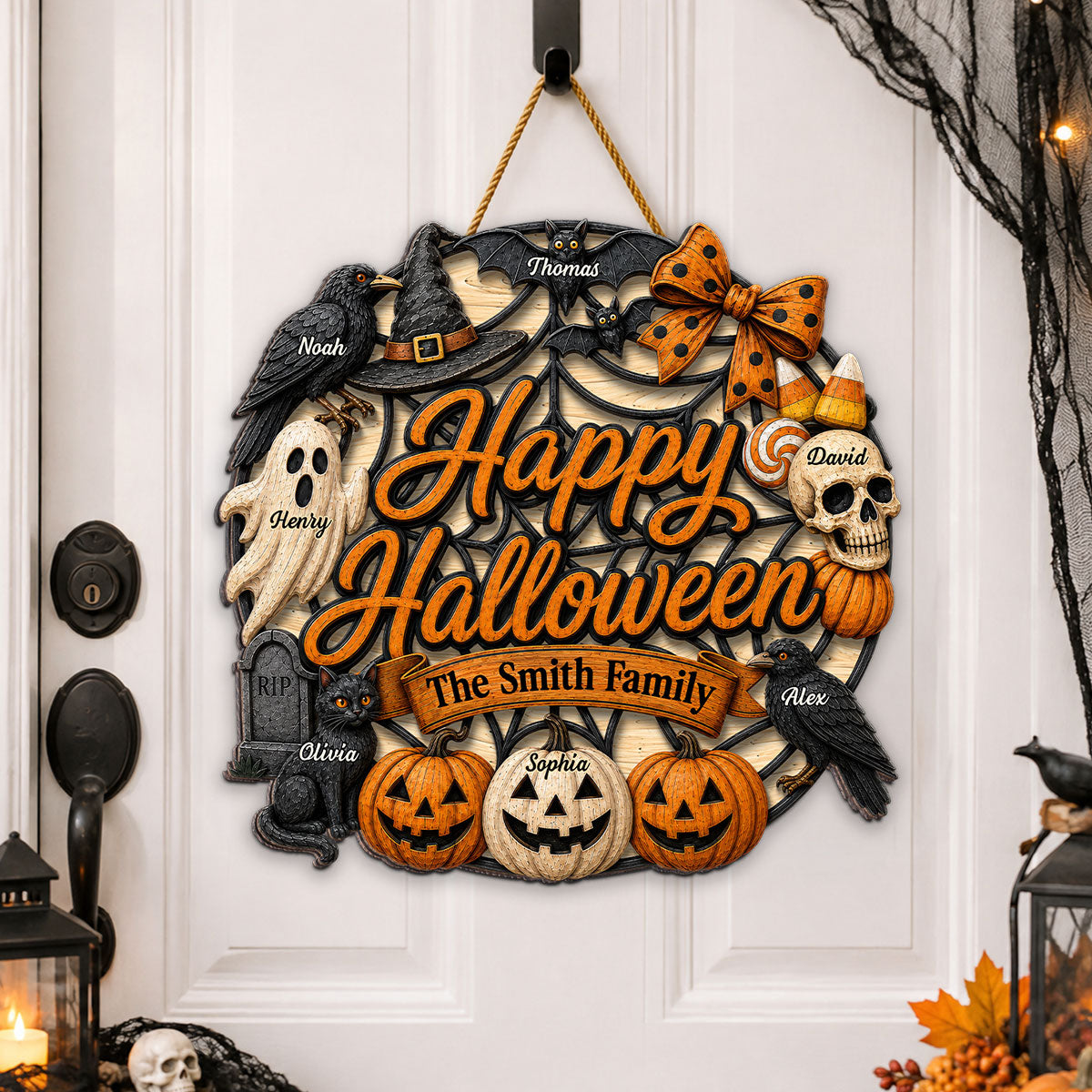 Halloween Wreath Ghost Pumpkin - Personalized Wood Sign - Happy Halloween Sign for Porch Window Door