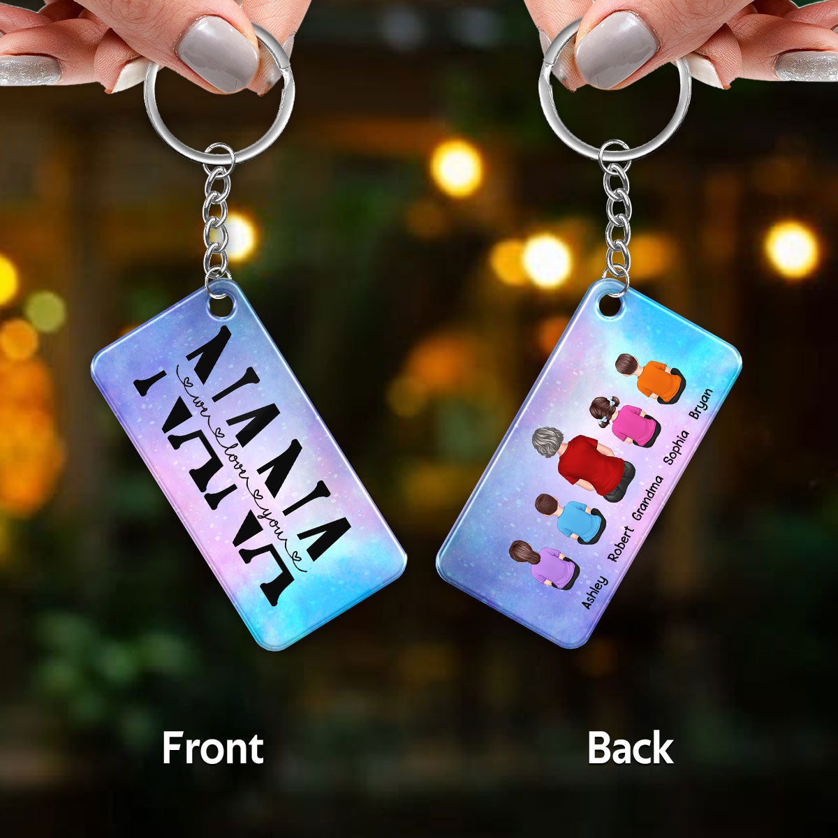 Back View Grandma Mom With Kids Dogs Cats Sitting Personalized Acrylic Keychain