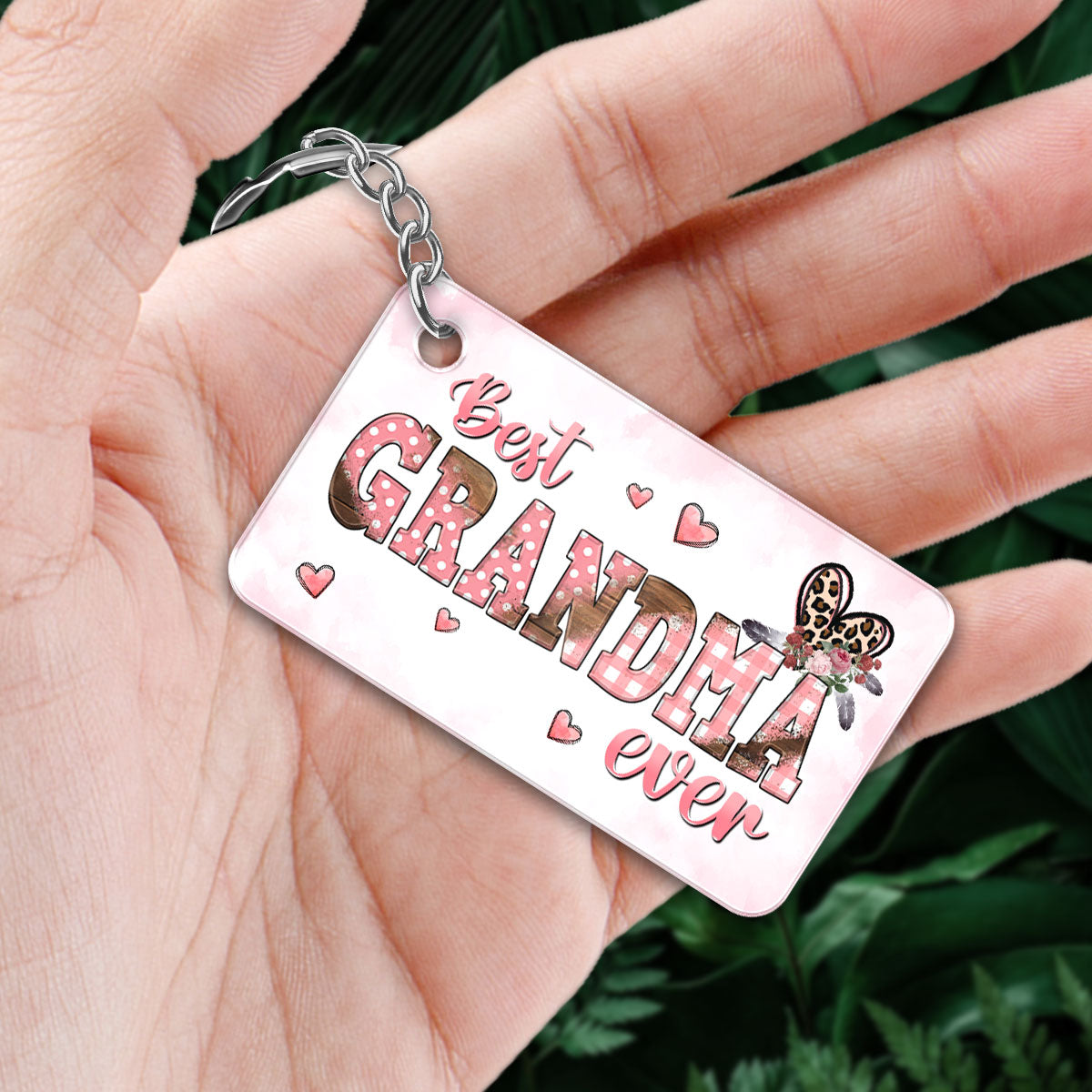 Best Mom Grandma Ever Pink Leopard Back View Woman & Kids Personalized Acrylic Keychain