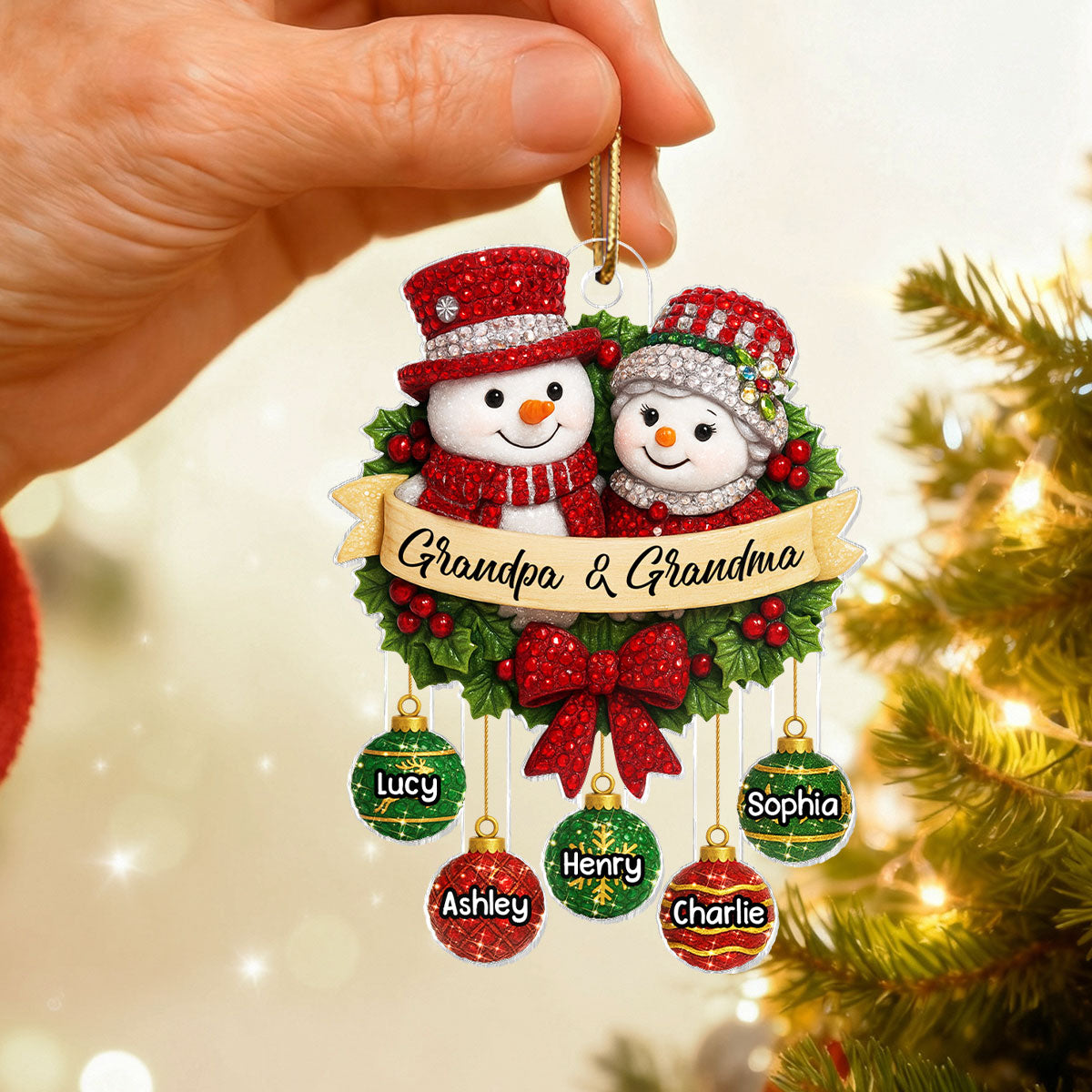 Snowman Grandparents on Christmas Wreath 3D Crystal Effect - Personalized Acrylic Ornament - Christmas Gift for Grandma, Grandpa