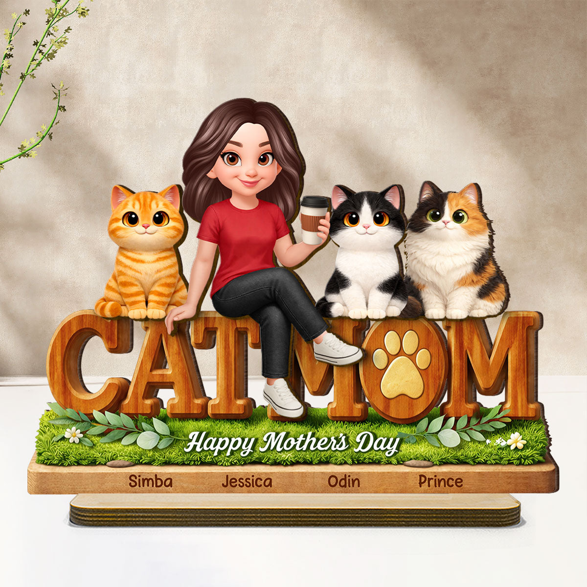 Cat Mom Cute Fluffy Cats - Personalized 2-Layered Wooden Plaque - Mother's Day Gift For Cat Mom