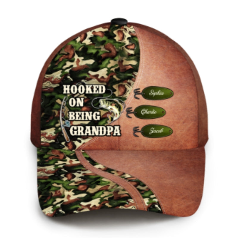 Hooked On Being Fishing Grandpa Papa Personalized Classic Cap, Father's Day Gift For Grandpa, Dad, Husband