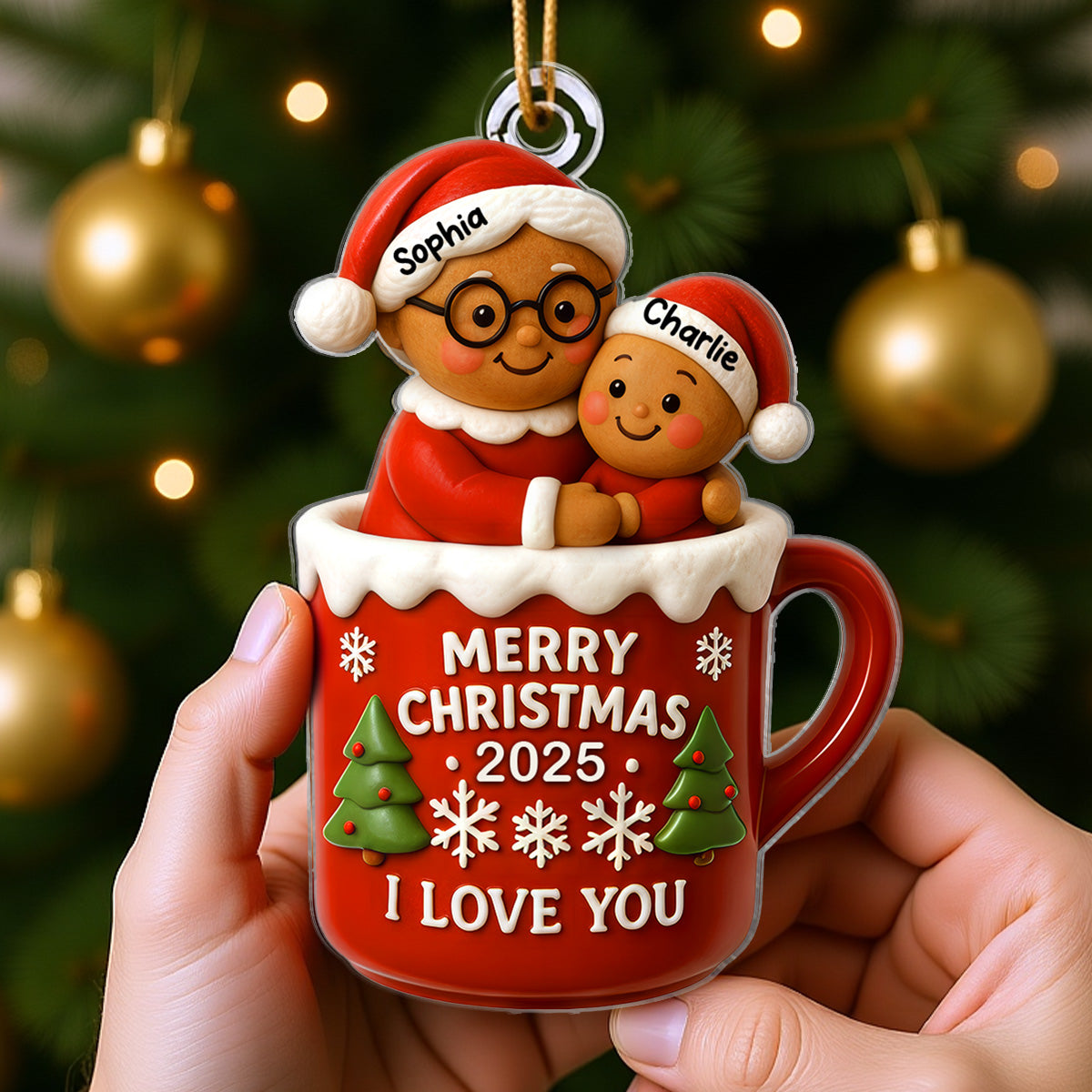 Christmas Gingerbread Grandma Hugging Grandkid In Hot Cocoa Personalized Acrylic Ornament
