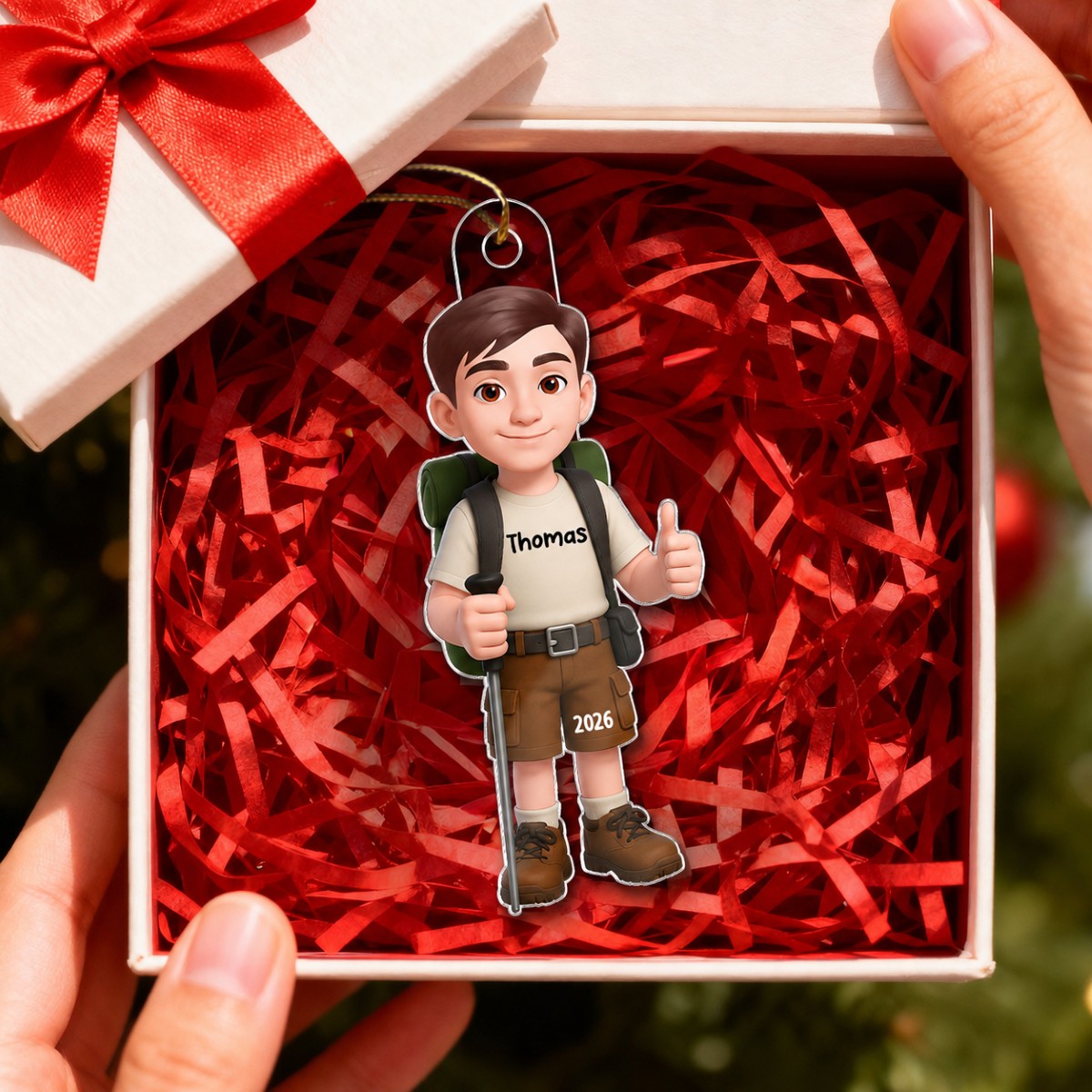 Christmas Boy Girl Hiking - Personalized Acrylic Ornament - Gift For Hiking Lovers, Hikers, Campers, Trekking Mountain, National Park Lovers, Grandson, Granddaughter