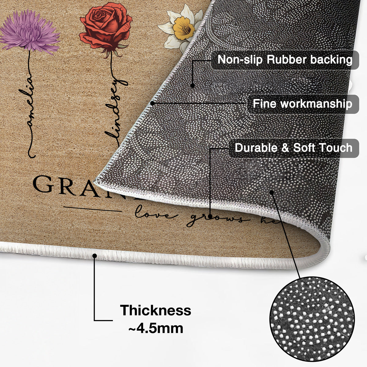 Grandma‘s Garden Love Grows Here Vintage Birth Flower Swirl Name - Personalized Doormat - Gift For Her, Grandma, Mom