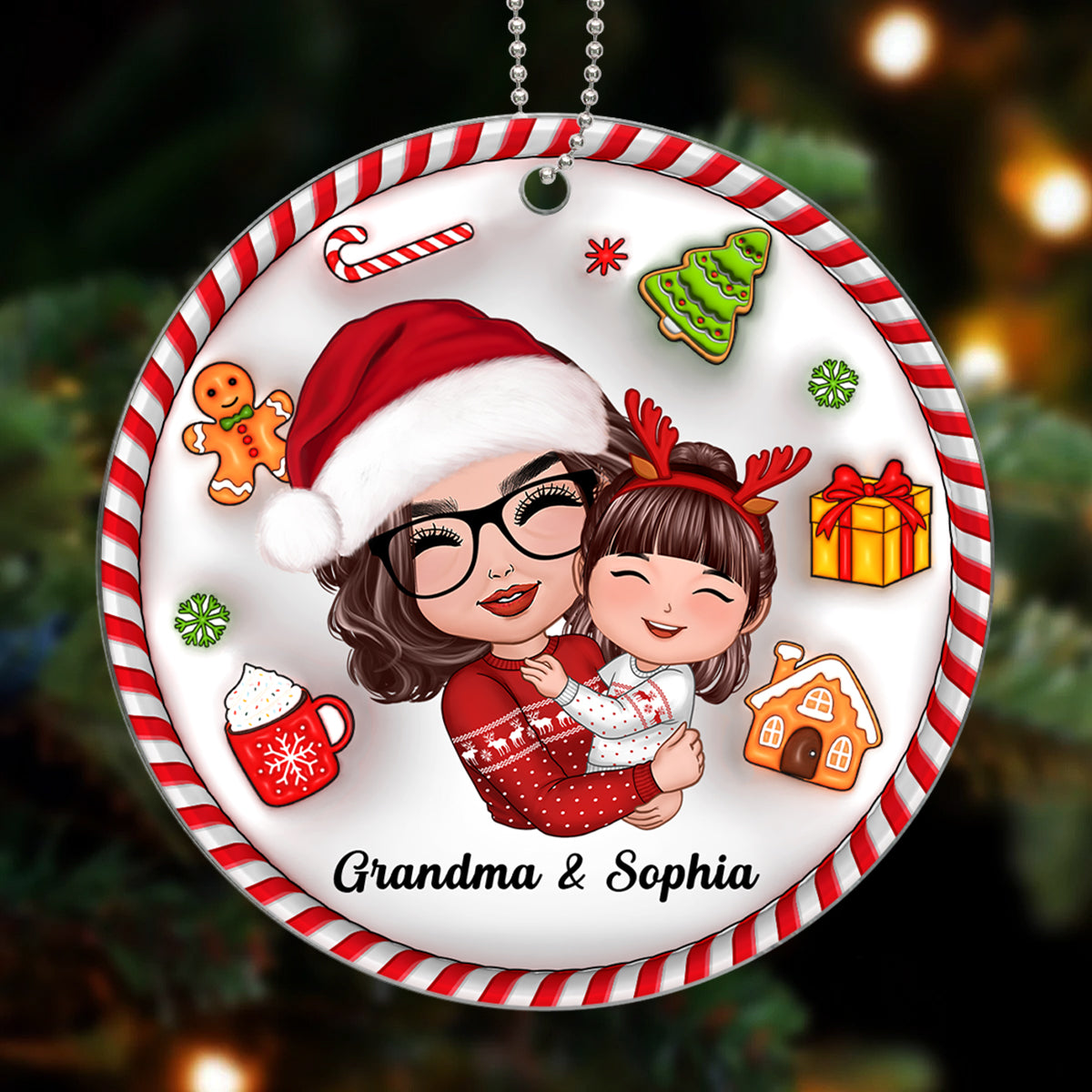 3D Christmas Things Pattern Doll Grandma Mom Hugging Kid Gift For Granddaughter Grandson Personalized Acrylic Ornament