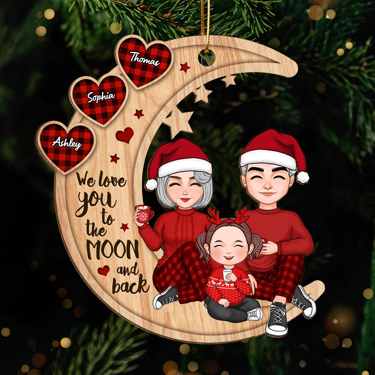 Checkered Pattern Heart Cute Grandma Grandpa & Grandkid Sitting On Moon Personalized Wooden Ornament