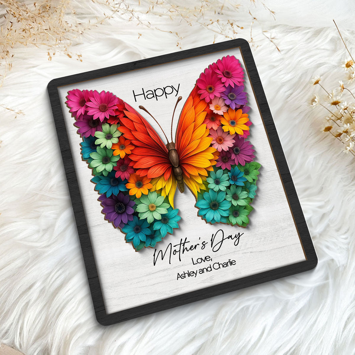 Mother's Day Butterfly Flowery Wings 2D Flat, Personalized 2-Layered Wooden Plaque, Gift for Mom, 3D Effect