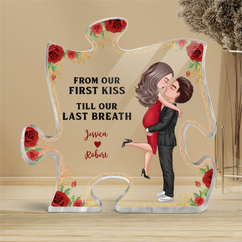 Hugging Couple From Our First Kiss Couple Personalized Acrylic Puzzle Plaque
