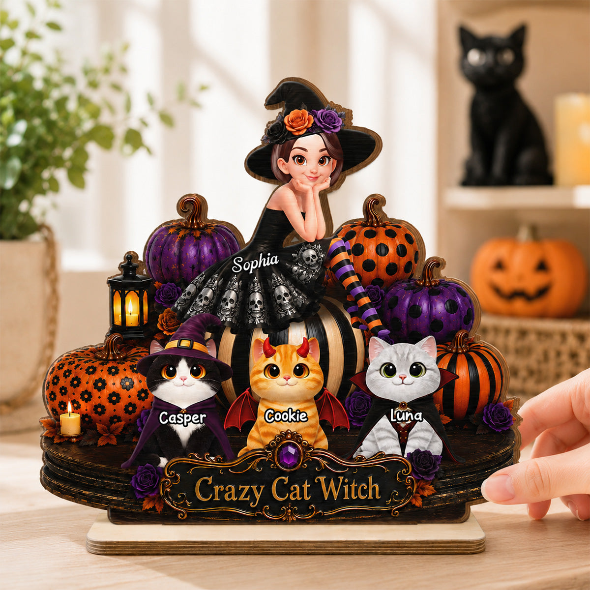 Pretty Cat Witch 2D Flat - Personalized Wooden Plaque - Halloween Decoration