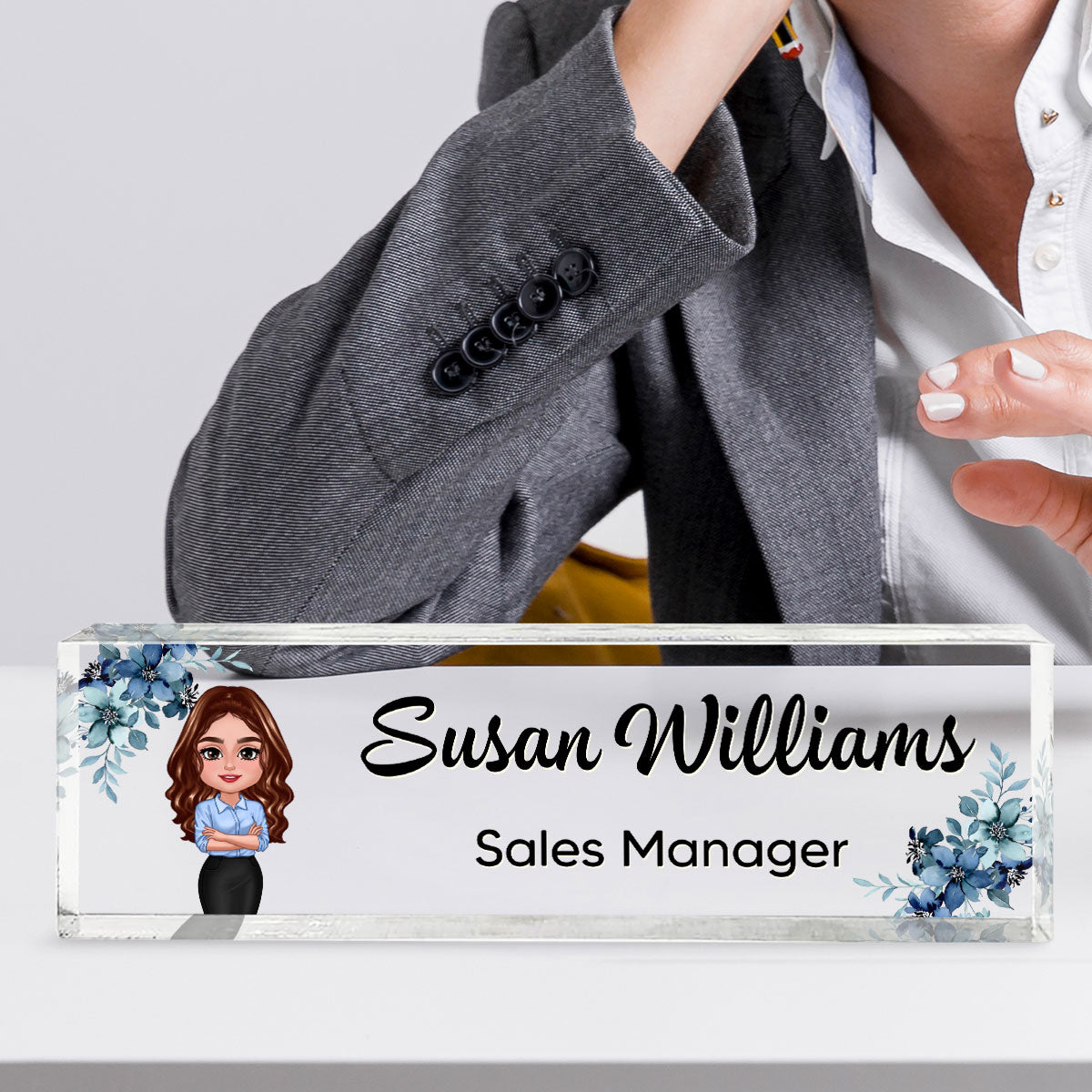 Daisy Flowers Woman Man Office - Personalized Acrylic Desk Name Plate - Gift For Colleagues, Coworkers, Boss