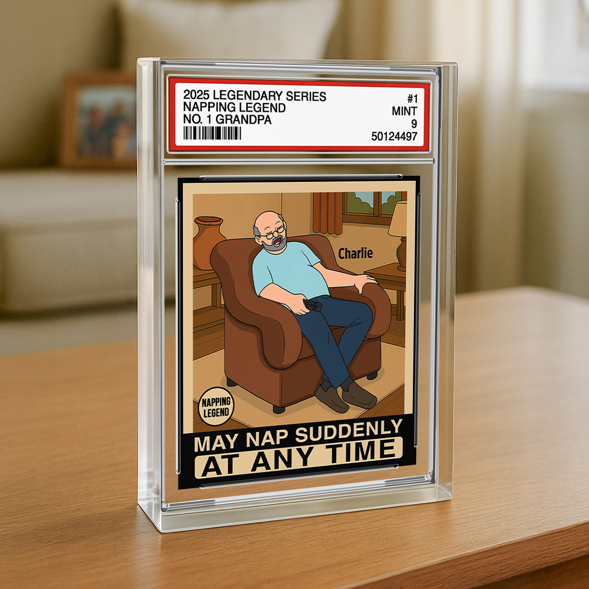 Grandpa Napping King Funny Trading Card Style Personalized Acrylic Block Plaque