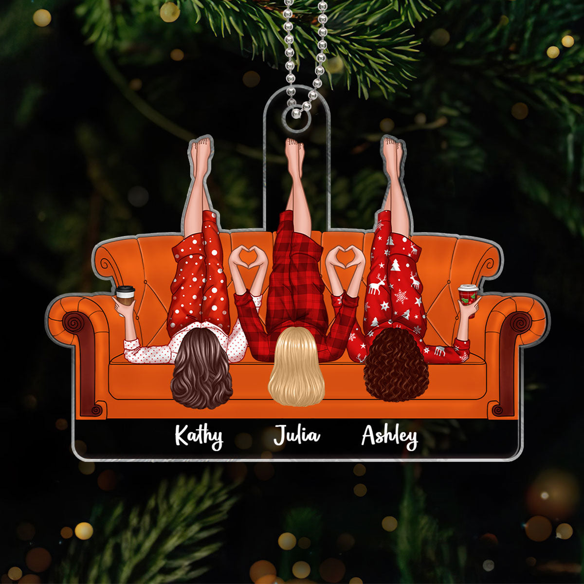 Friends Sisters Besties Lying On Couch Personalized Acrylic Ornament, Christmas Gift