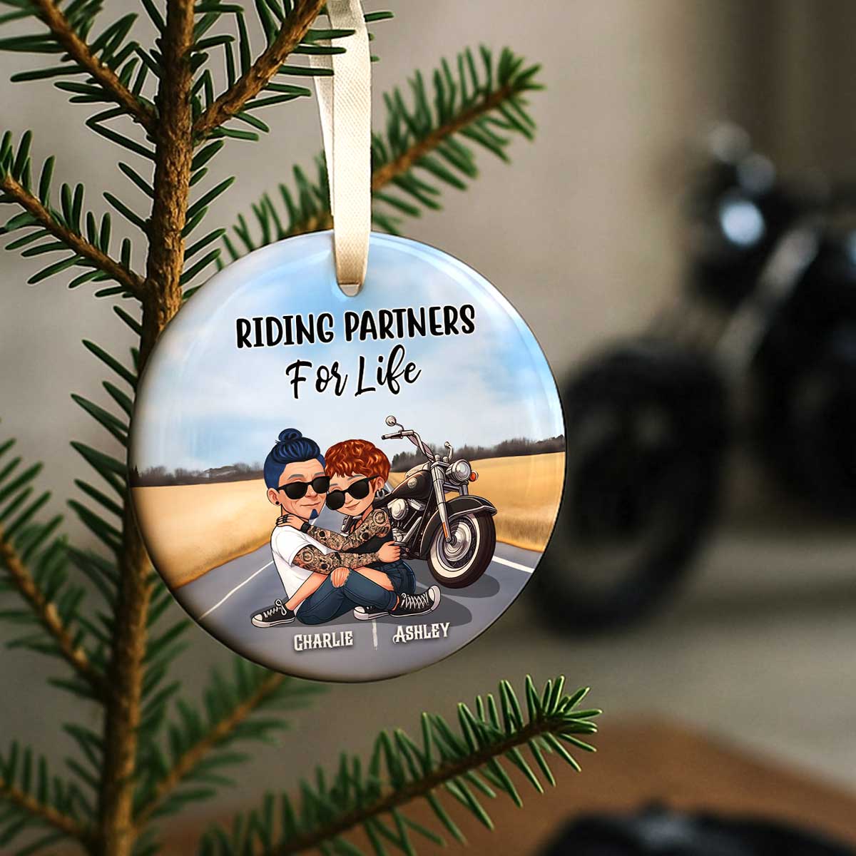 Couple Riding Side By Side Personalized Ornament for Biker Couples, Anniversary Gift, Christmas in July Gift for him, for her