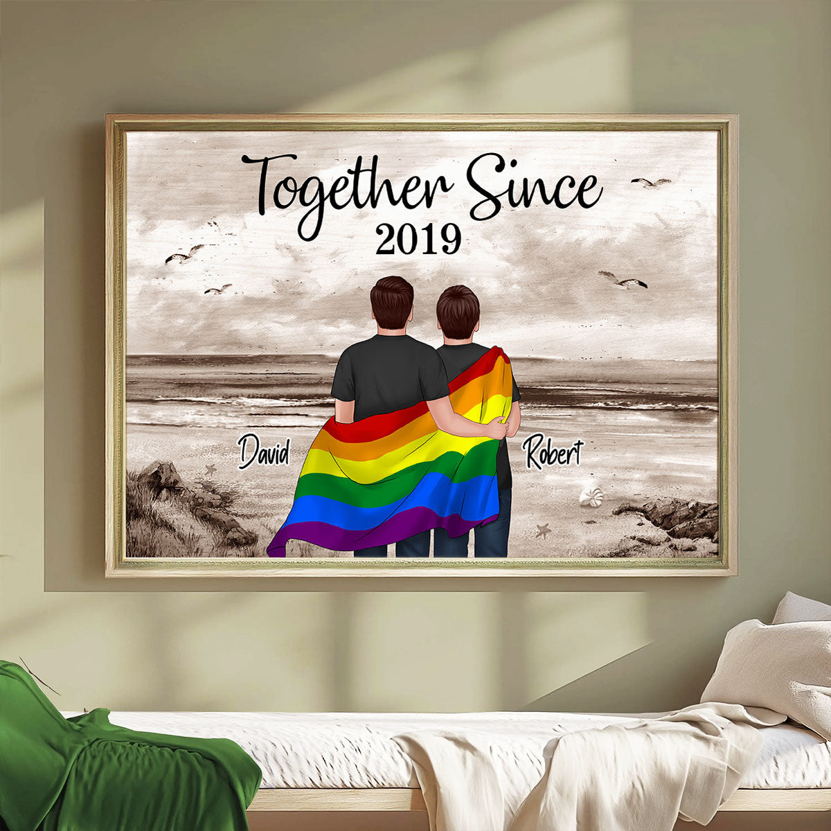 LGBTQ Couple Flag Beach Landscape Personalized Poster, Pride Month gift