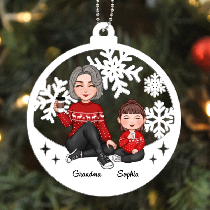 Cute Grandma Grandkid Sitting Cut-through Christmas Gift For Granddaughter Grandson Personalized Acrylic Ornament