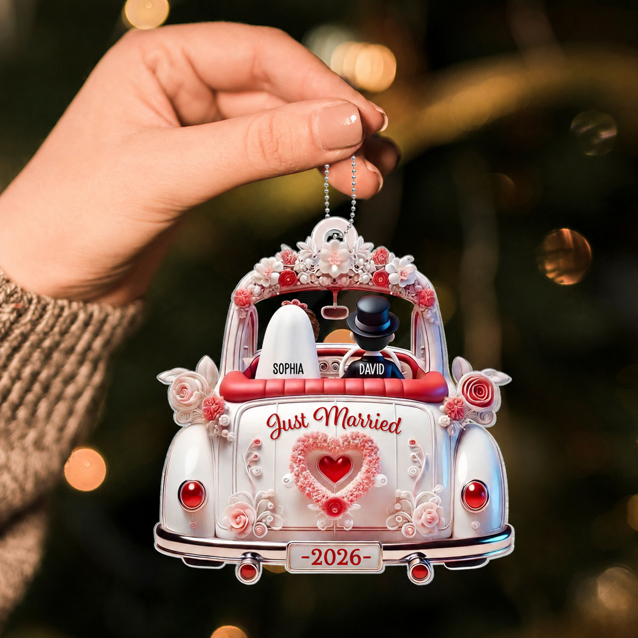 First Christmas Married Couple In Wedding Car Personalized Acrylic Ornament, Unique Christmas Gift For Newlyweds