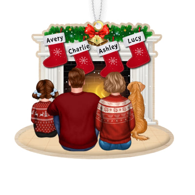 Family Mom Dad Kid Dog Cat At Fireplace Stocking Personalized Wooden Ornament