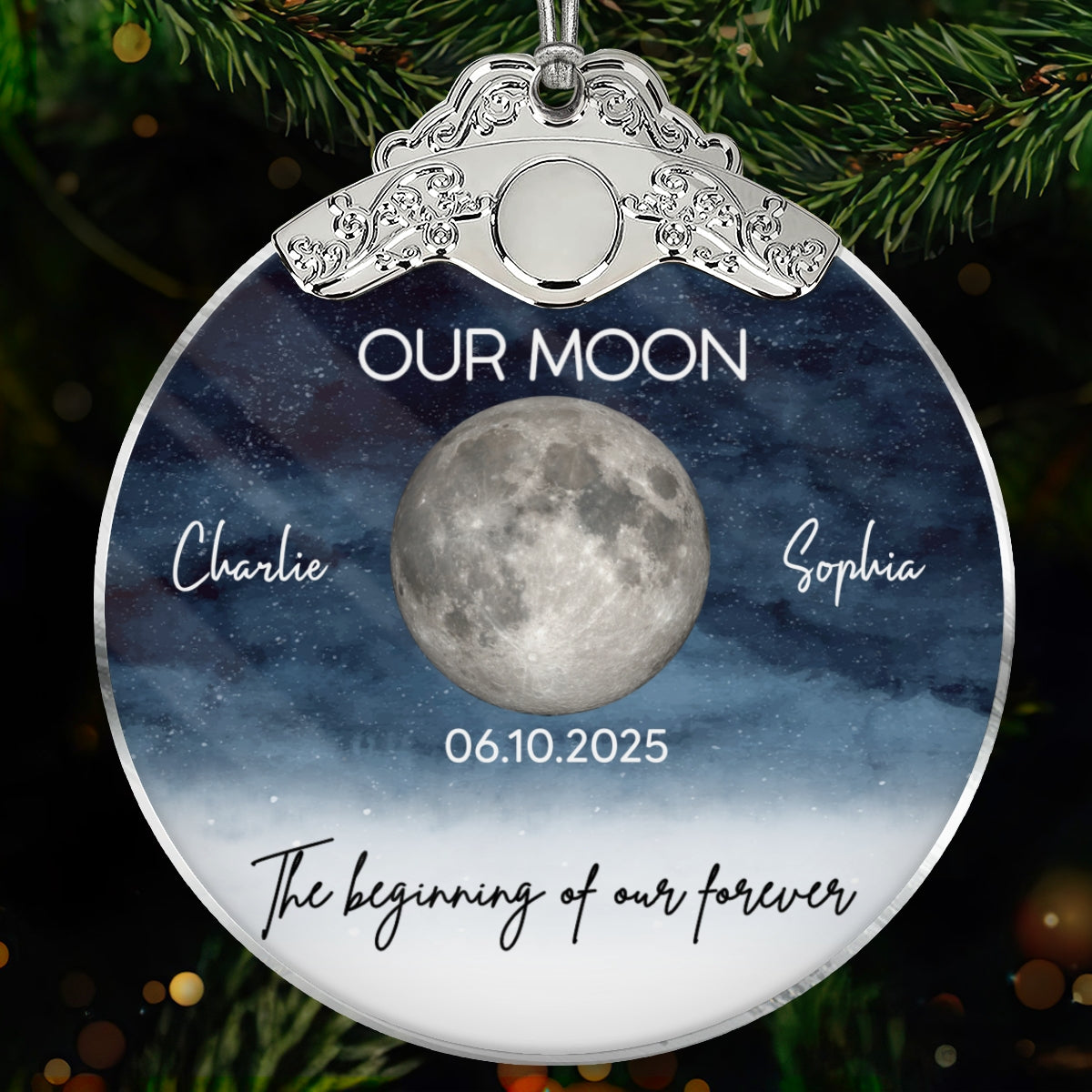 Starry Night Moon Phase Couple The Beginning Of Our Forever - Personalized Glass Ornament With Silver Cap