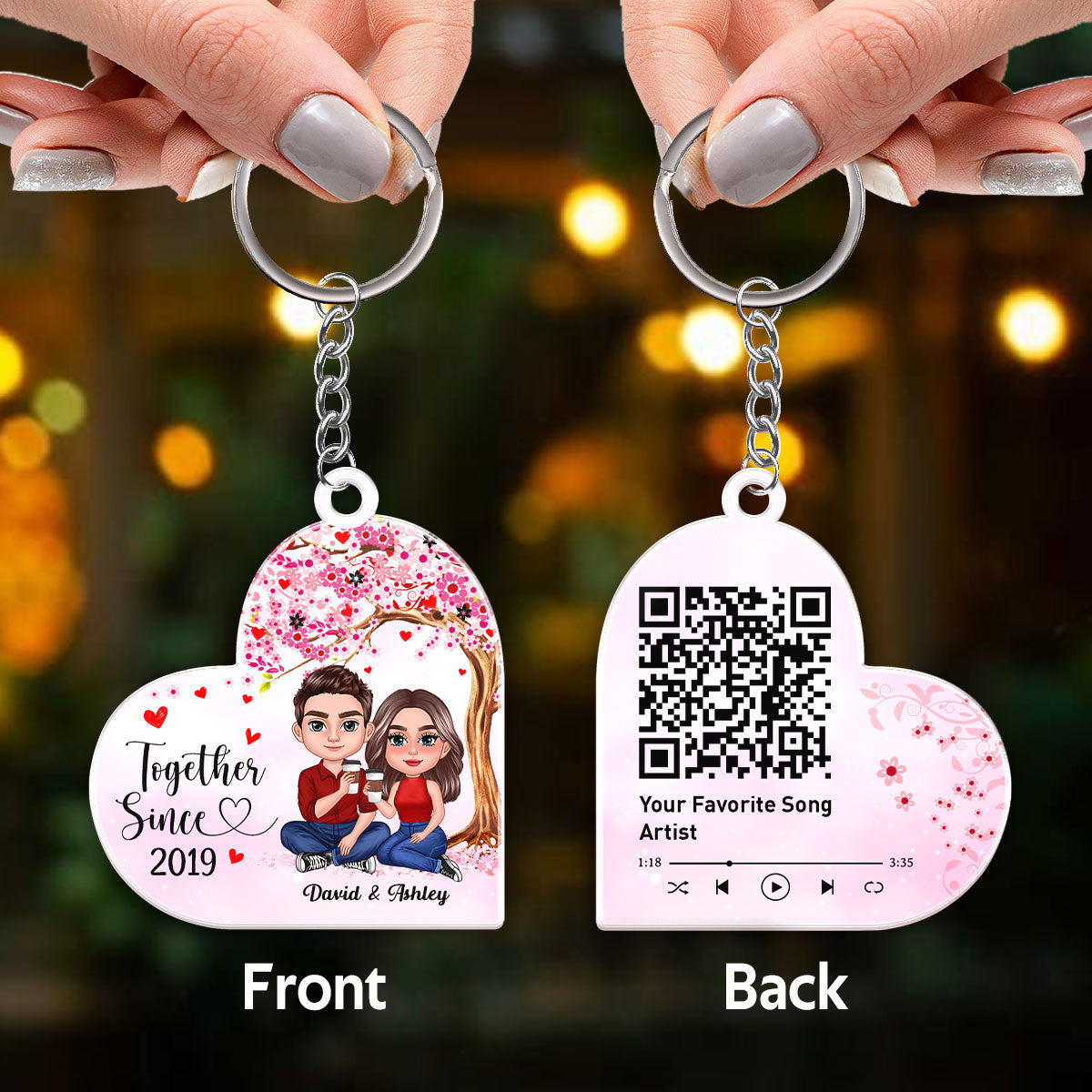 Doll Couple Sitting Together Under Tree Favorite Song Scannable QR Code Personalized Acrylic Keychain