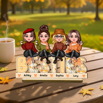 Fall Season Besties Sitting On Text Lace Patterned Personalized Standing Wooden Plaque