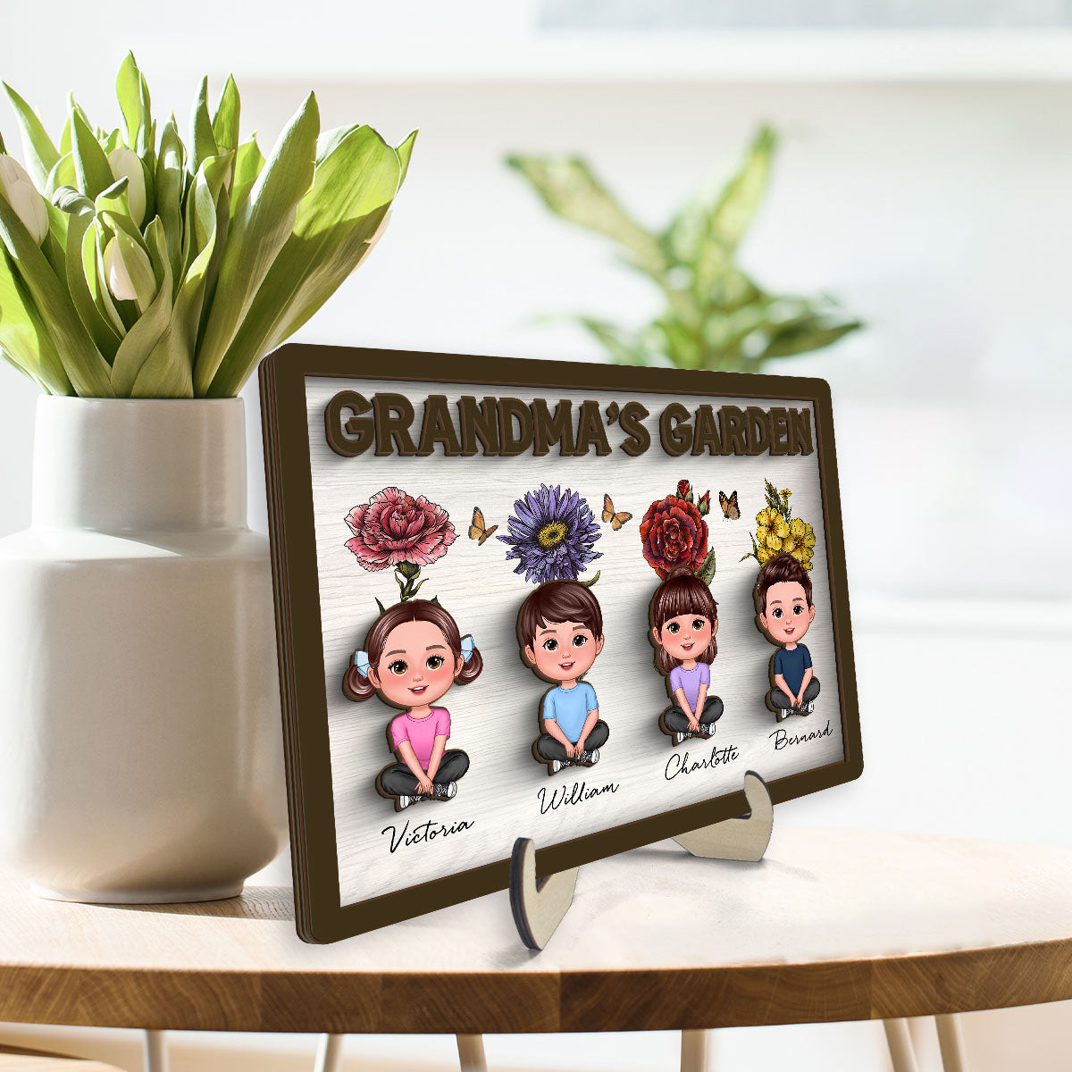 Grandma‘s Garden Grandkids With Birth Flower Behind Personalized 2-Layer Wooden Plaque