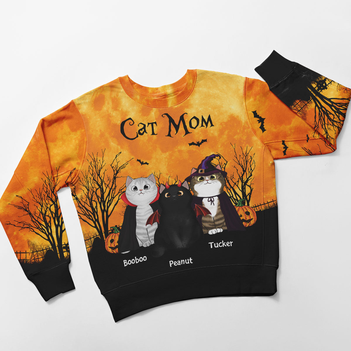 Cat Mom Halloween Moon Light Bat Tree Personalized Sweatshirt, Purrfect Costume for Cat Lover