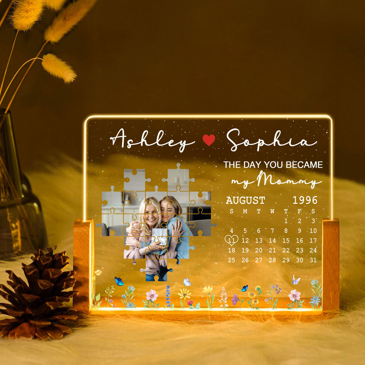 The Day You Became My Mom Grandma Upload Photo Puzzle Calendar Personalized U-Base Acrylic LED Night Light