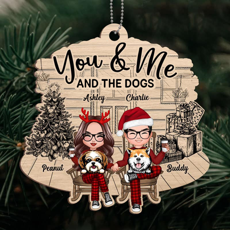 Couple And The Dogs Front Porch Personalized Christmas Wooden Ornament