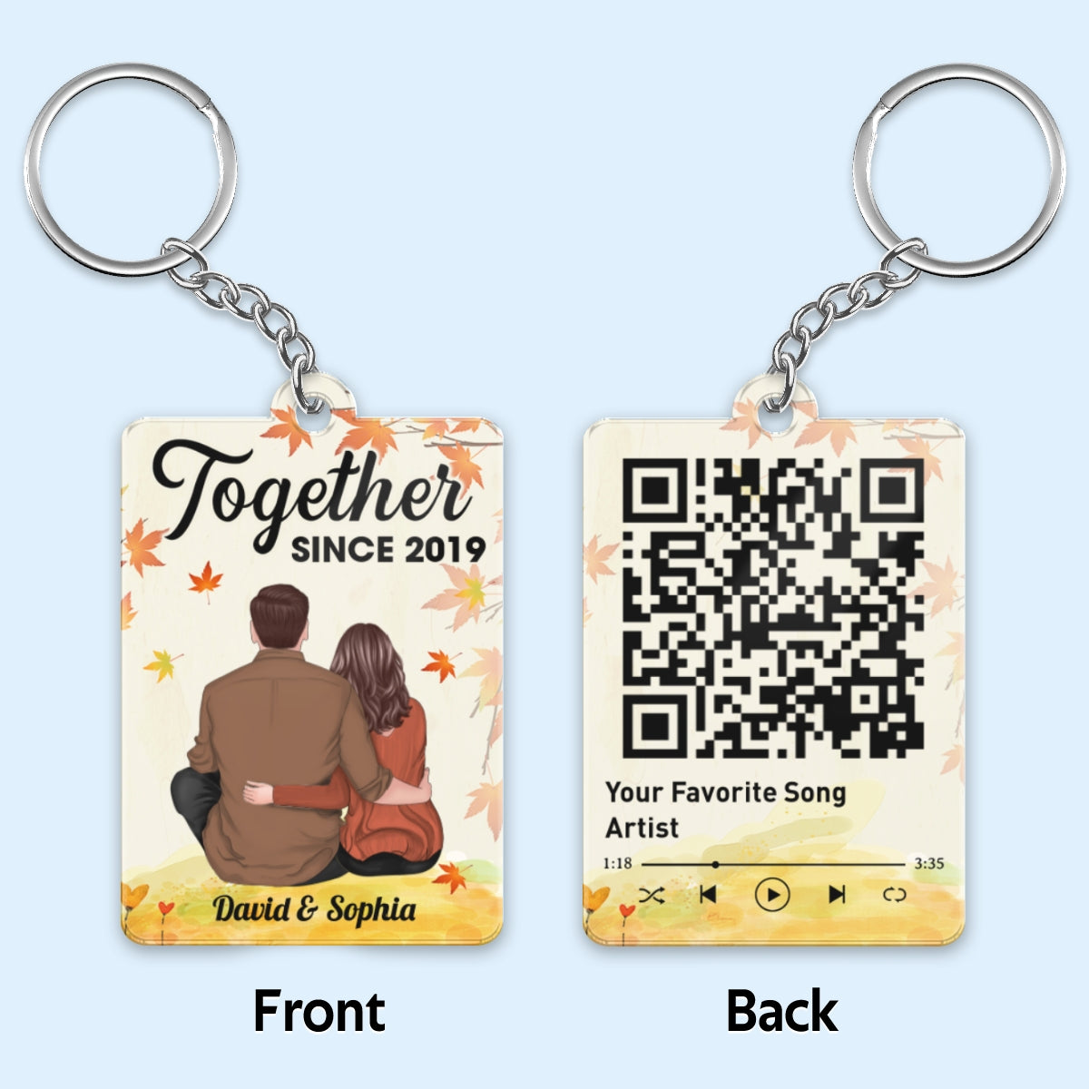 Couple Back View Sitting Under Fall Tree Favorite Song QR Code Personalized Acrylic Keychain