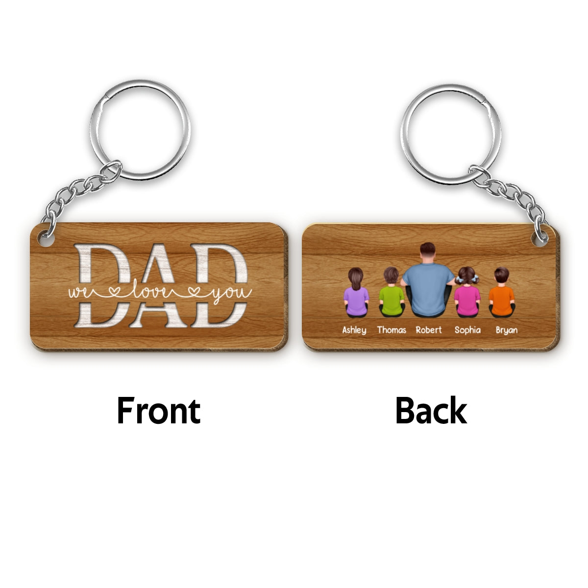 Back View Man Dad And Kids Dogs Cats Sitting We Love You Personalized Wooden Keychain