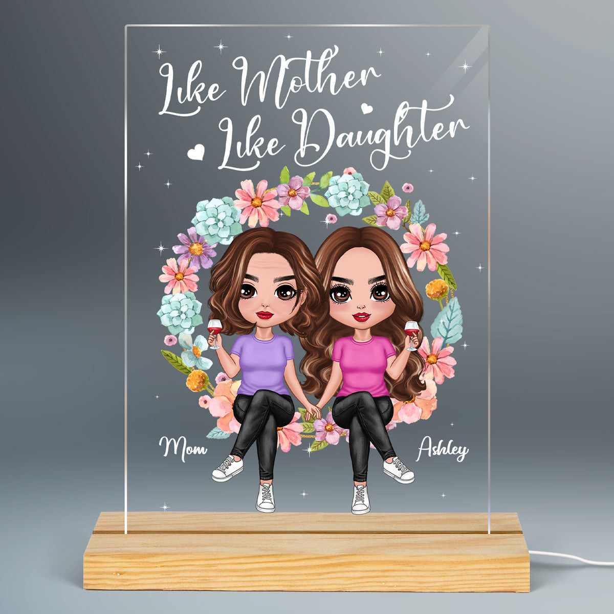 Doll Mom And Daughter Sitting On Floral Wreath Personalized Acrylic Plaque LED Night Light