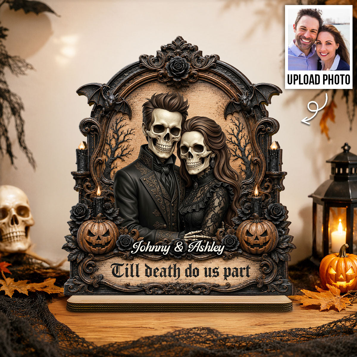 Halloween Custom Photo Skeleton Couple - Personalized 2-Layered Wooden Plaque - Halloween Gift For Couple